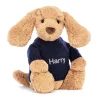 Jellycat Bashful Toffee Puppy with Personalised Navy Jumper