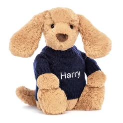 Jellycat Bashful Toffee Puppy with Personalised Navy Jumper
