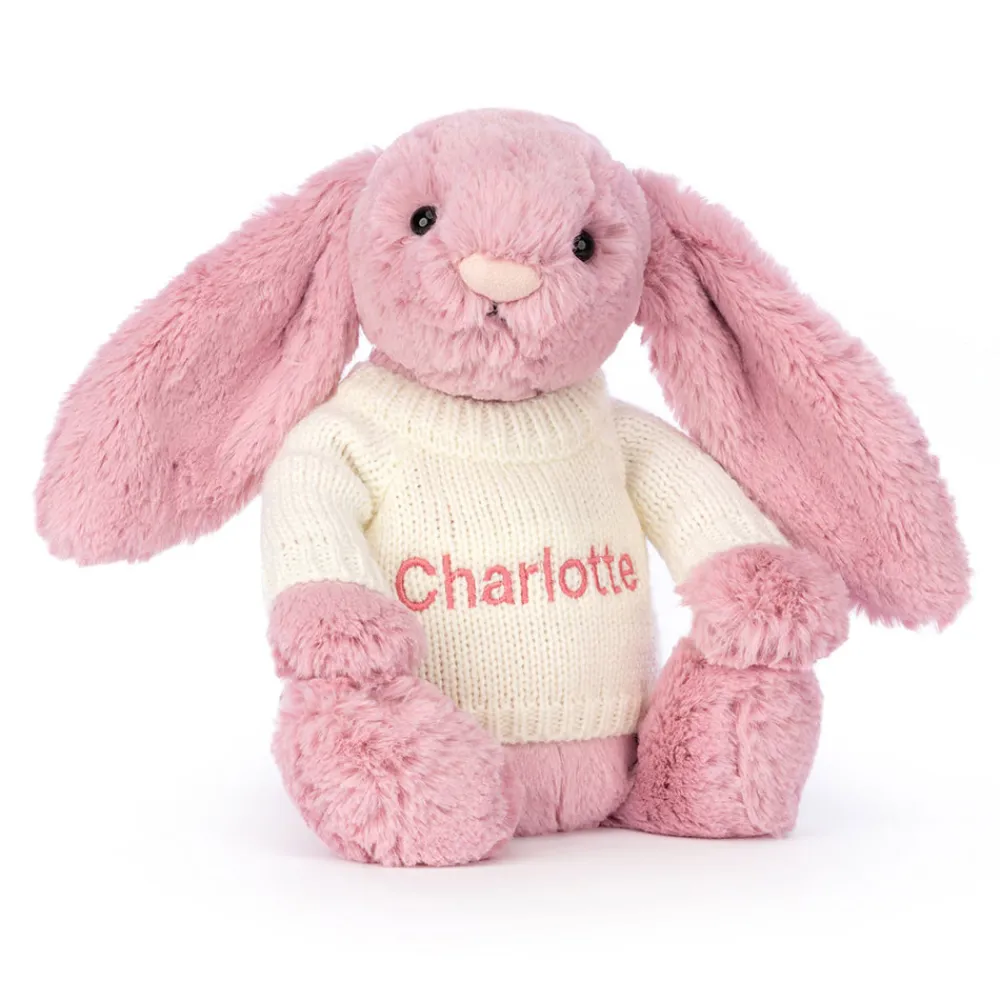 Jellycat Bashful Tulip Pink Bunny with Personalised Cream Jumper
