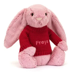 Jellycat Bashful Tulip Pink Bunny with Personalised Red Jumper