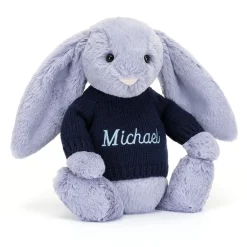 Jellycat Bashful Viola Bunny with Personalised Navy Jumper