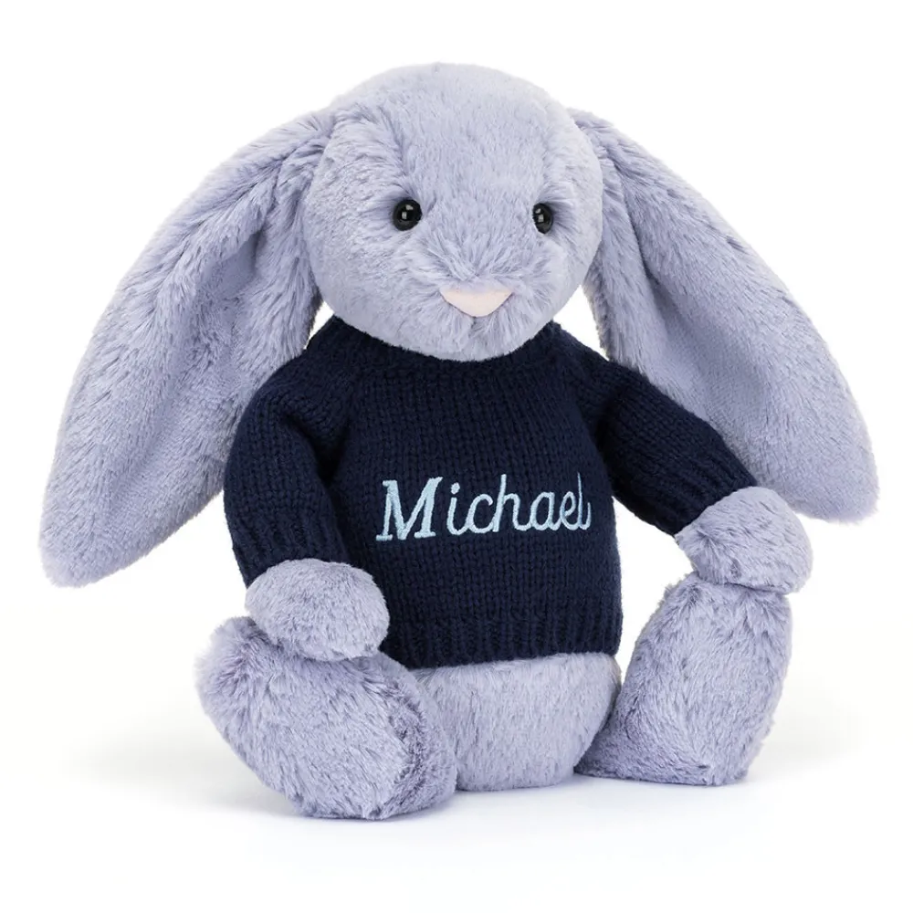 Jellycat Bashful Viola Bunny with Personalised Navy Jumper