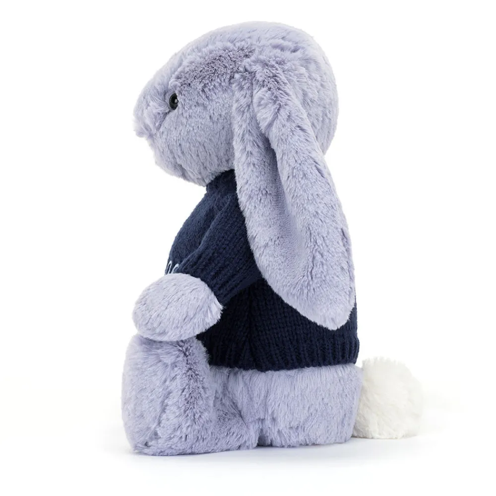 Jellycat Bashful Viola Bunny with Personalised Navy Jumper