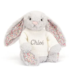 Jellycat Blossom Silver Bunny with Personalised Cream Jumper