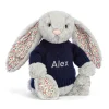 Jellycat Blossom Silver Bunny with Personalised Navy Jumper