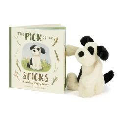 Jellycat The Pick of the Sticks Book and Bashful Black & Cream Puppy Medium